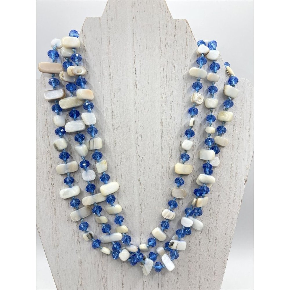 Ocean Blue  Beads Mother‎ Of Pearl Flat Beads 3 Strand 18" Necklace